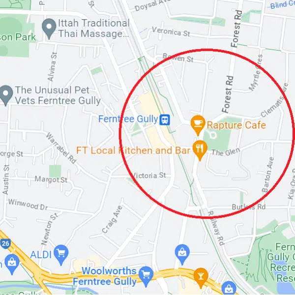 Map around the Ferntree Gully Train Station.