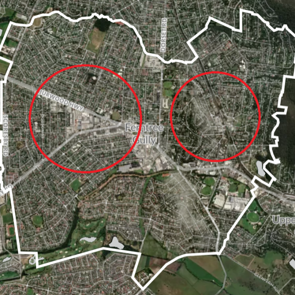 Ferntree Gully boundary with two circles around Mountain Gate Shopping and Ferntree Gully Train Station.